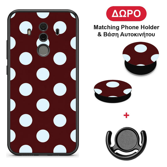 Pale Blue Large Polka Dots on Burgundy - Huawei Mate 10 Pro θήκη + Δώρο Phone Holder & Βάση Αυτοκινήτου