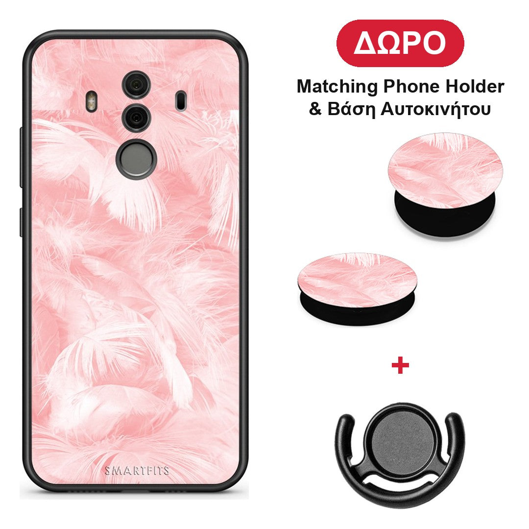 Boho Pink Feather - Huawei Mate 10 Pro θήκη + Δώρο Phone Holder & Βάση Αυτοκινήτου