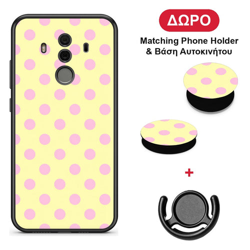Pink Polka Dots on Yellow - Huawei Mate 10 Pro θήκη + Δώρο Phone Holder & Βάση Αυτοκινήτου