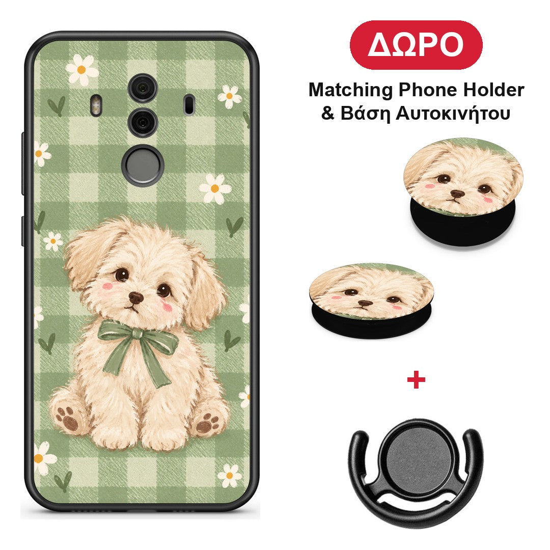 Puppy and Daisies on Sage Gingham - Huawei Mate 10 Pro θήκη + Δώρο Phone Holder & Βάση Αυτοκινήτου