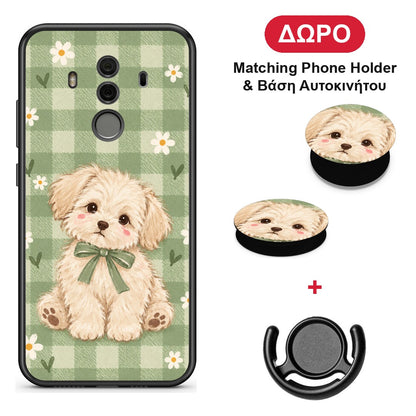 Puppy and Daisies on Sage Gingham - Huawei Mate 10 Pro θήκη + Δώρο Phone Holder & Βάση Αυτοκινήτου
