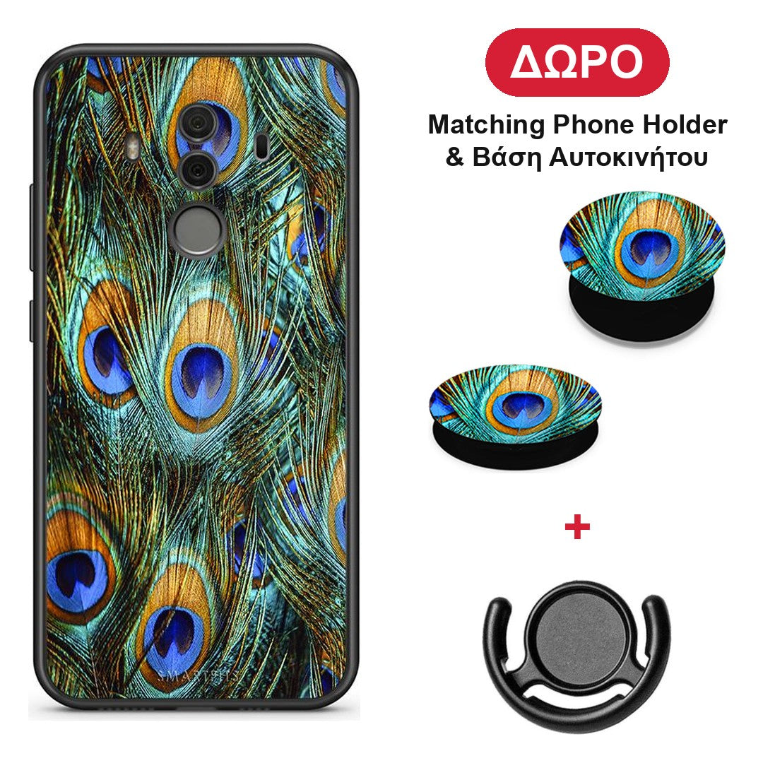 Real Peacock Feathers - Huawei Mate 10 Pro θήκη + Δώρο Phone Holder & Βάση Αυτοκινήτου