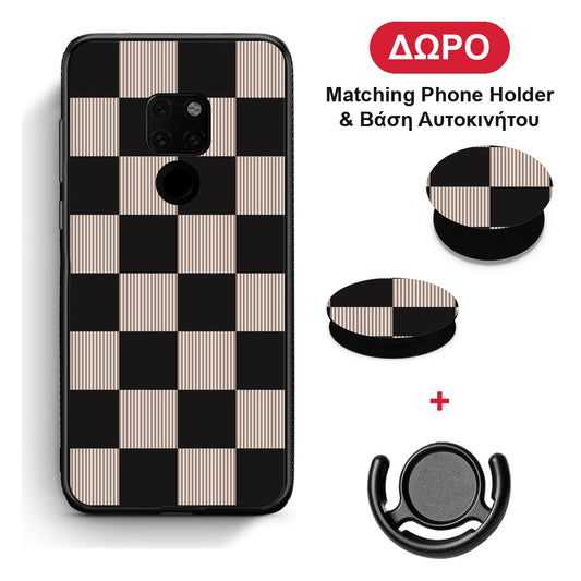Black and Taupe Striped Checks - Huawei Mate 20 θήκη + Δώρο Phone Holder & Βάση Αυτοκινήτου