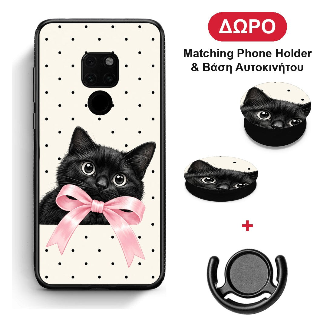 Black Kitten Pink Bow and Polka Dots - Huawei Mate 20 θήκη + Δώρο Phone Holder & Βάση Αυτοκινήτου