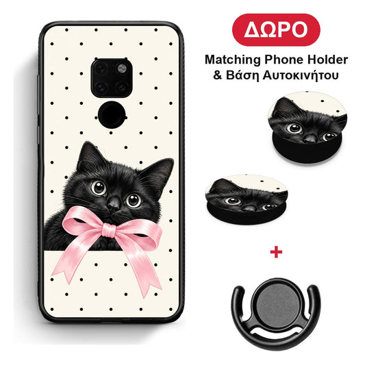 Black Kitten Pink Bow and Polka Dots - Huawei Mate 20 θήκη + Δώρο Phone Holder & Βάση Αυτοκινήτου