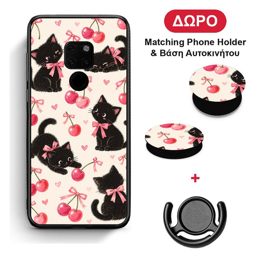 Black Kittens and Cherries on Cream - Huawei Mate 20 θήκη + Δώρο Phone Holder & Βάση Αυτοκινήτου