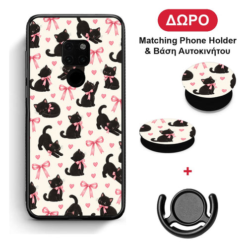 Black Kittens and Pink Bows on Cream Small - Huawei Mate 20 θήκη + Δώρο Phone Holder & Βάση Αυτοκινήτου