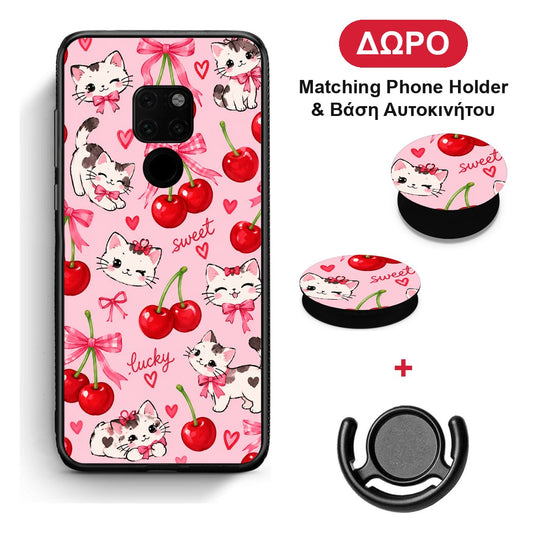 Cherries Bows and Kittens on Pink - Huawei Mate 20 θήκη + Δώρο Phone Holder & Βάση Αυτοκινήτου