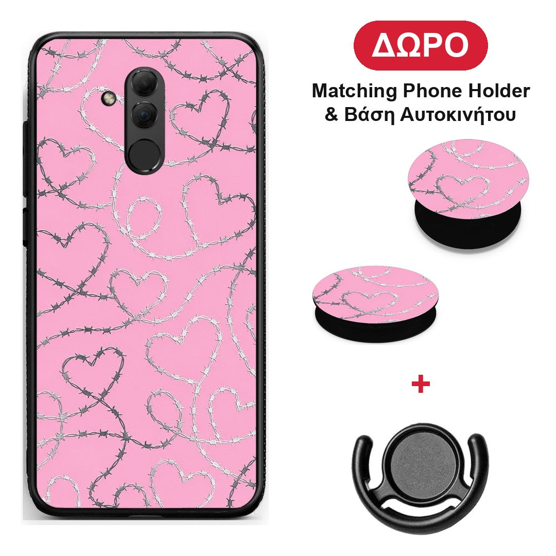 Barbed Wire Hearts on Pink - Huawei Mate 20 Lite θήκη + Δώρο Phone Holder & Βάση Αυτοκινήτου