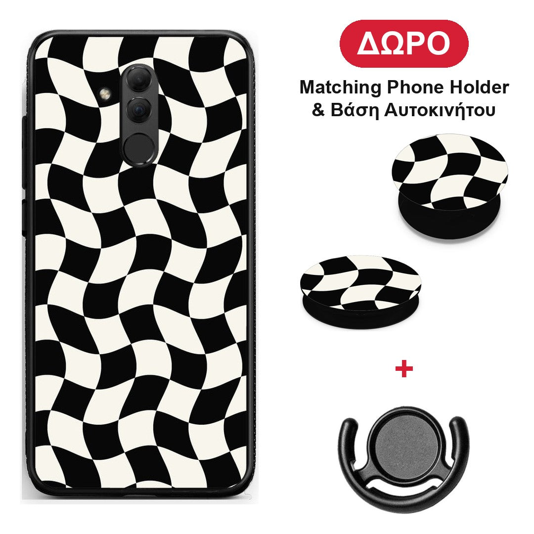 Black and Cream Wavy Checkerboard - Huawei Mate 20 Lite θήκη + Δώρο Phone Holder & Βάση Αυτοκινήτου