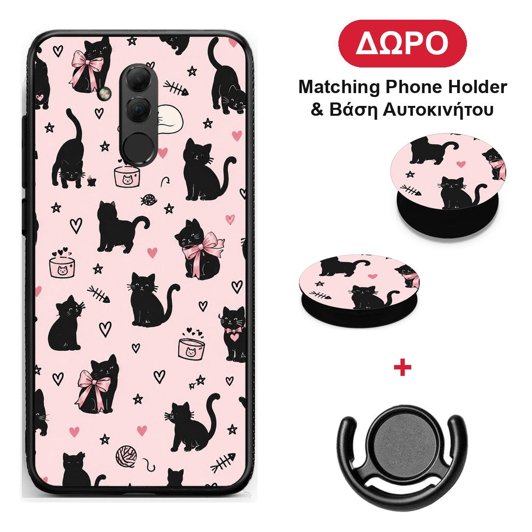 Black Cat Doodles on Pink - Huawei Mate 20 Lite θήκη + Δώρο Phone Holder & Βάση Αυτοκινήτου