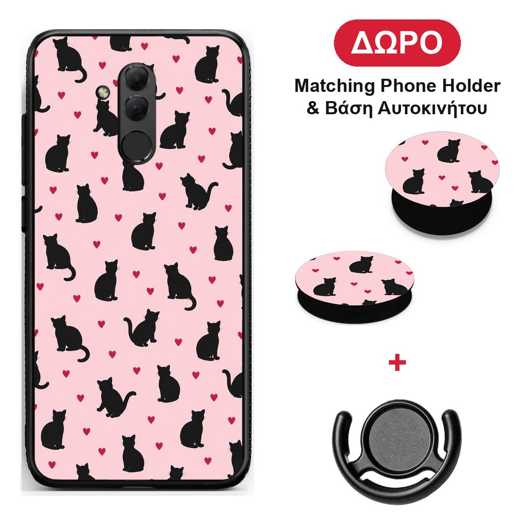 Black Cat Silhouettes and Hearts on Pink - Huawei Mate 20 Lite θήκη + Δώρο Phone Holder & Βάση Αυτοκινήτου