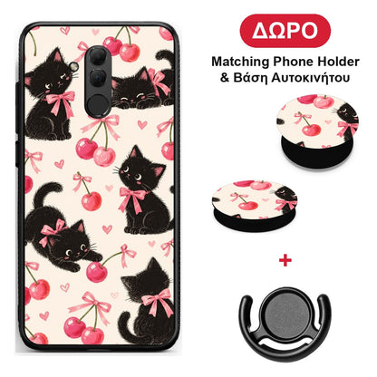 Black Kittens and Cherries on Cream - Huawei Mate 20 Lite θήκη + Δώρο Phone Holder & Βάση Αυτοκινήτου