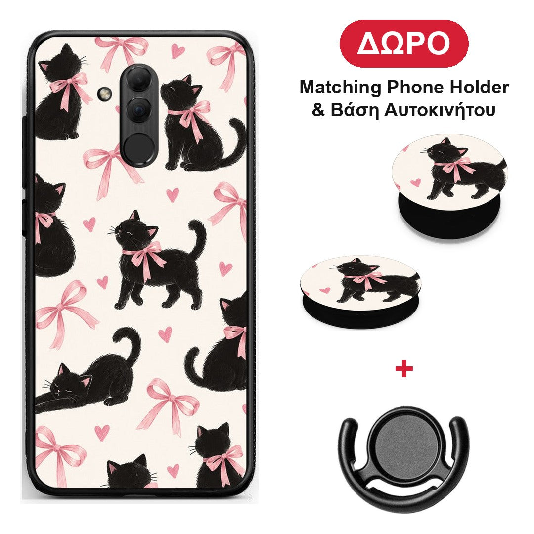 Black Kittens and Pink Bows on Cream Large - Huawei Mate 20 Lite θήκη + Δώρο Phone Holder & Βάση Αυτοκινήτου