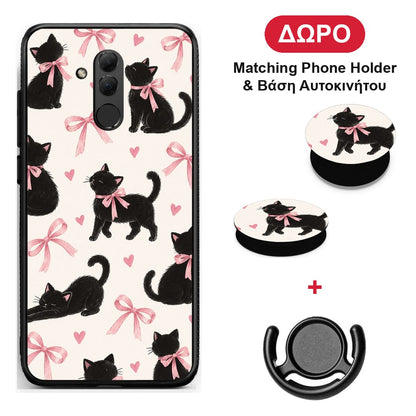 Black Kittens and Pink Bows on Cream Large - Huawei Mate 20 Lite θήκη + Δώρο Phone Holder & Βάση Αυτοκινήτου