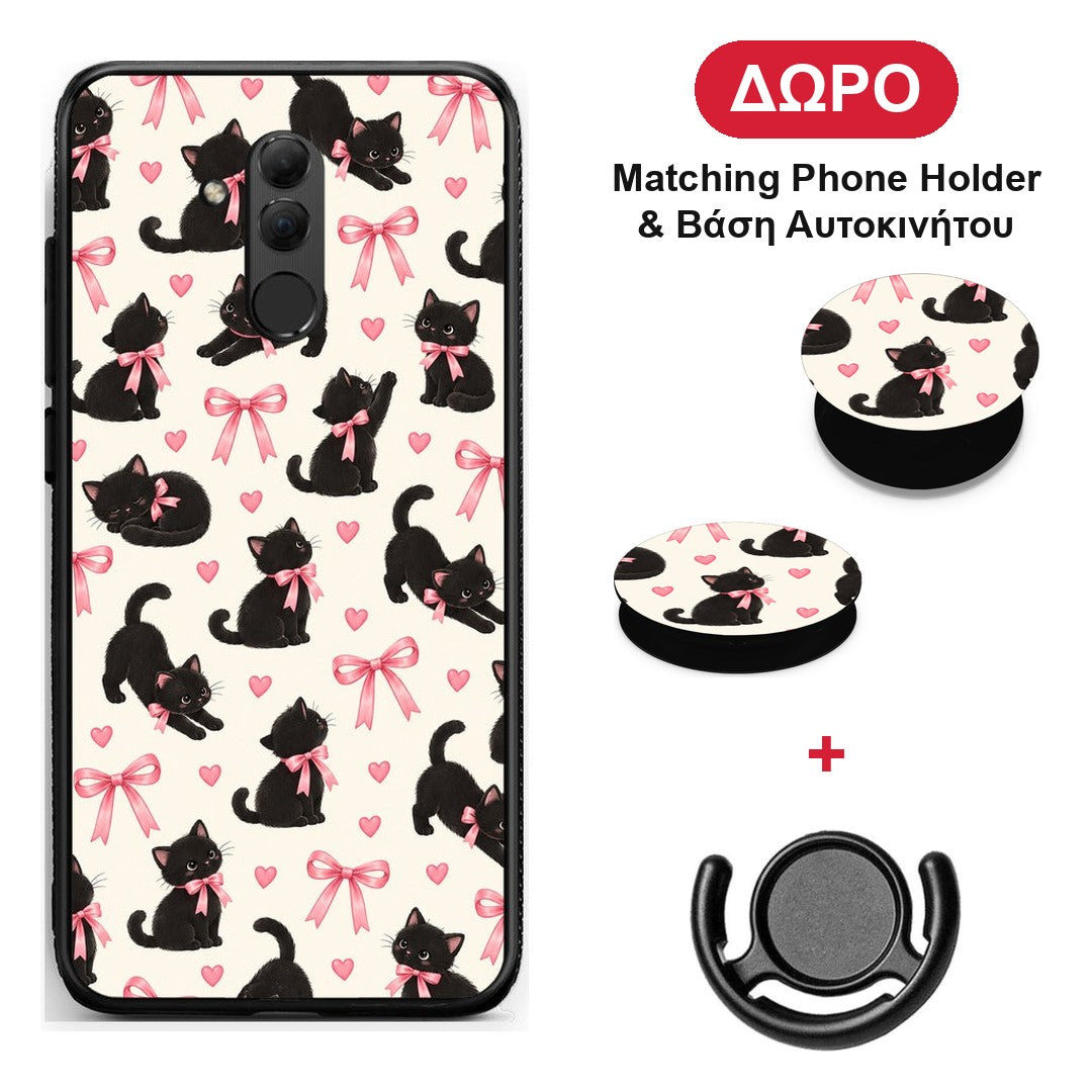 Black Kittens and Pink Bows on Cream Small - Huawei Mate 20 Lite θήκη + Δώρο Phone Holder & Βάση Αυτοκινήτου