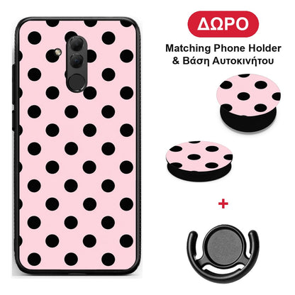 Black Polka Dots on Pink - Huawei Mate 20 Lite θήκη + Δώρο Phone Holder & Βάση Αυτοκινήτου