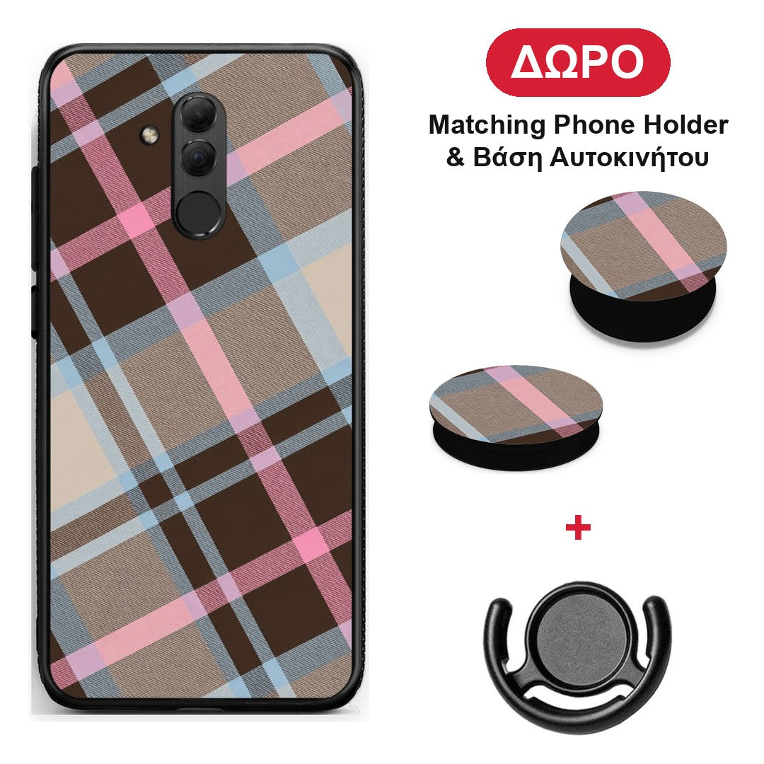 Brown Pink and Blue Diagonal Plaid - Huawei Mate 20 Lite θήκη + Δώρο Phone Holder & Βάση Αυτοκινήτου