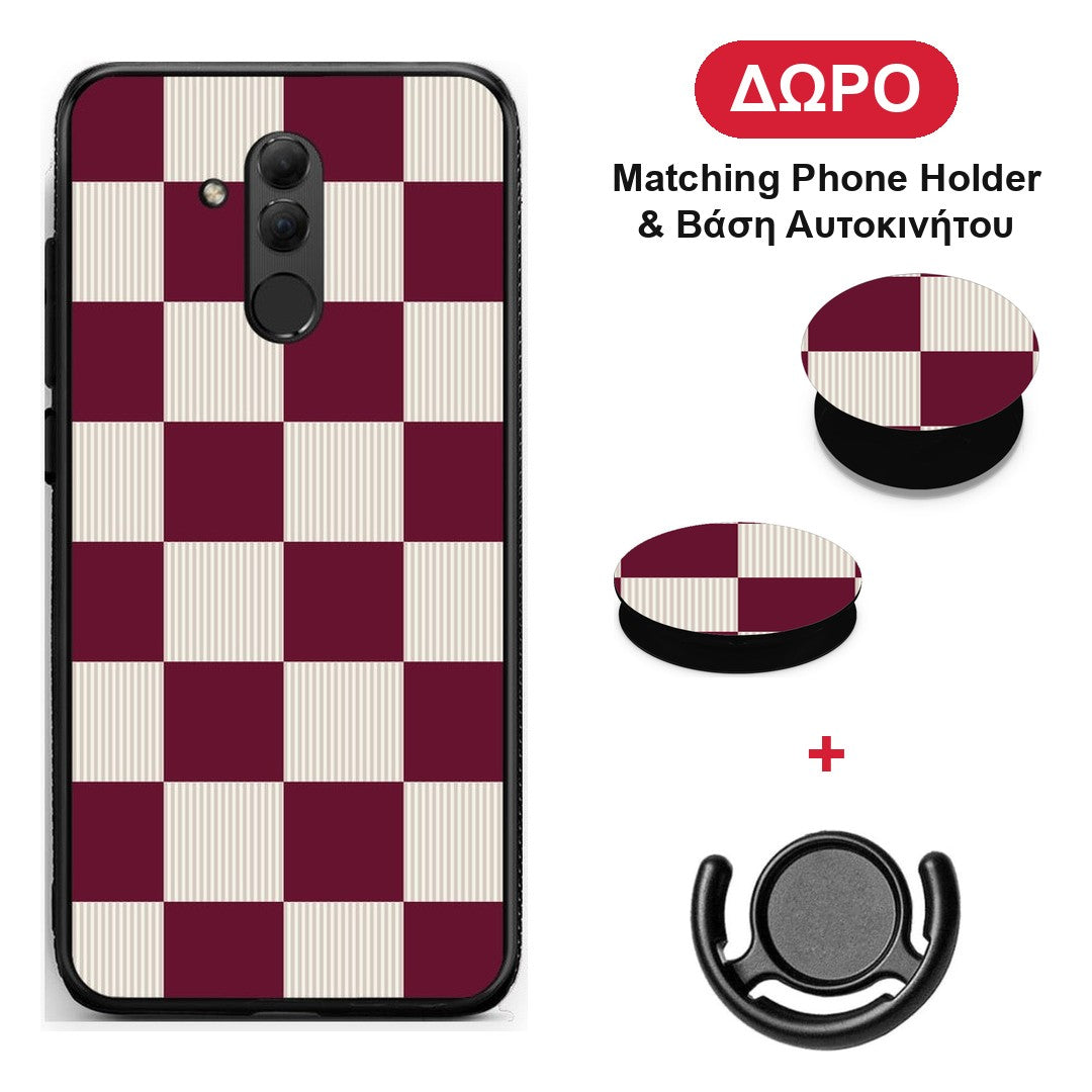 Burgundy and Cream Striped Checks - Huawei Mate 20 Lite θήκη + Δώρο Phone Holder & Βάση Αυτοκινήτου