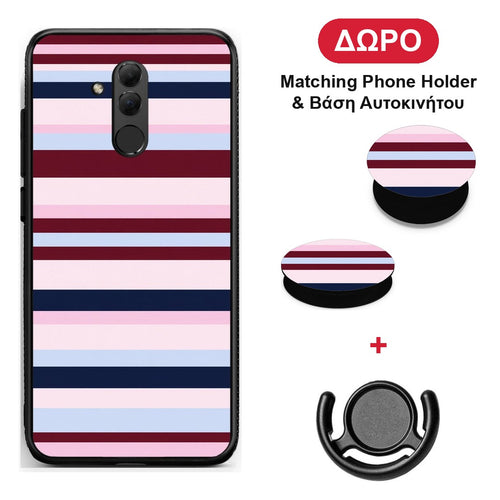Burgundy Pink and Blue Horizontal Stripes - Huawei Mate 20 Lite θήκη + Δώρο Phone Holder & Βάση Αυτοκινήτου