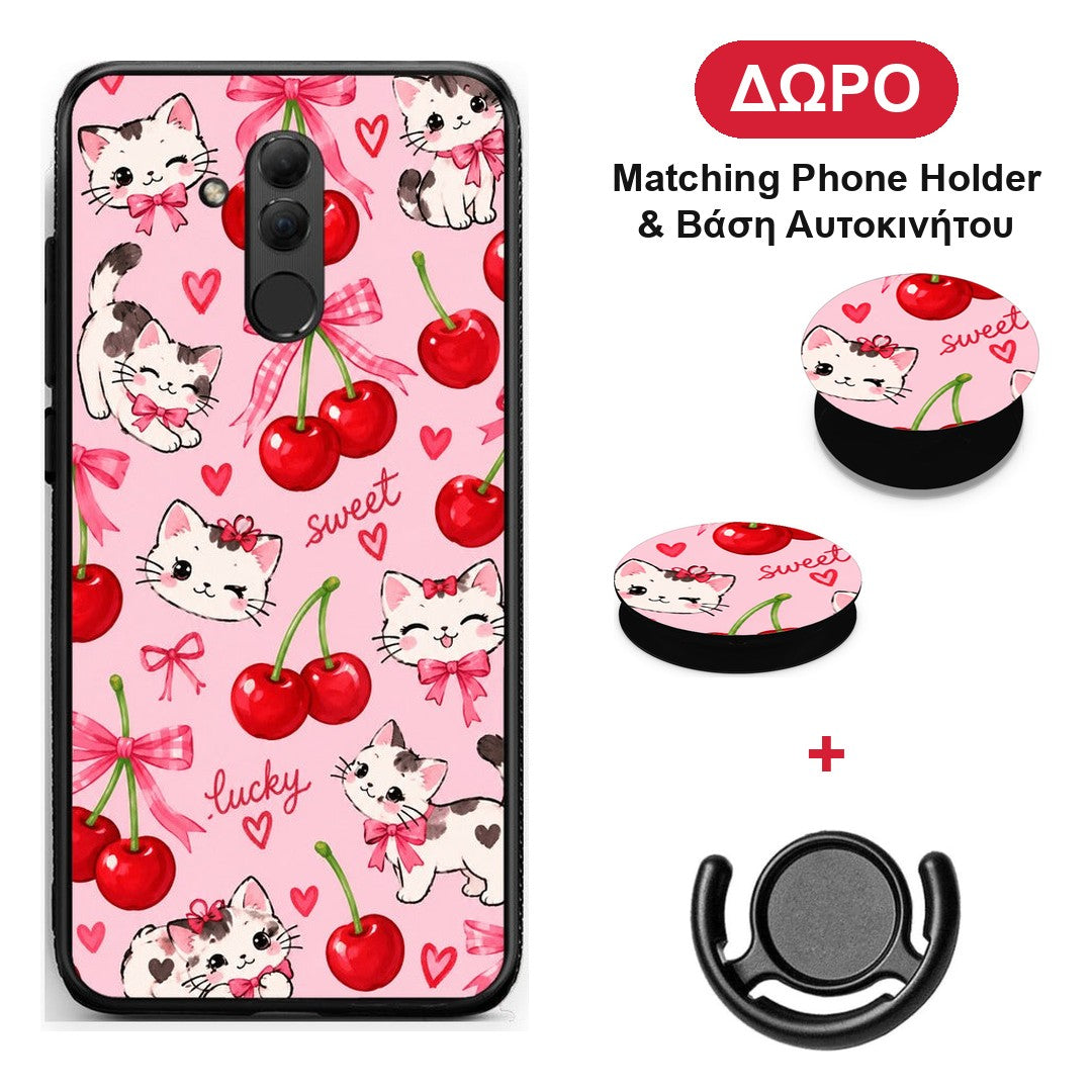 Cherries Bows and Kittens on Pink - Huawei Mate 20 Lite θήκη + Δώρο Phone Holder & Βάση Αυτοκινήτου
