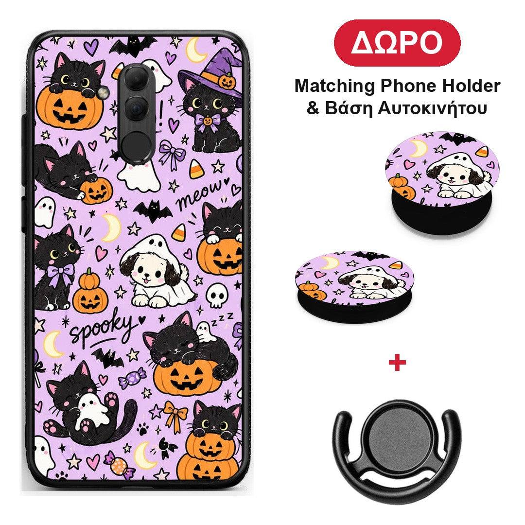Halloween Black Cats on Lilac - Huawei Mate 20 Lite θήκη + Δώρο Phone Holder & Βάση Αυτοκινήτου