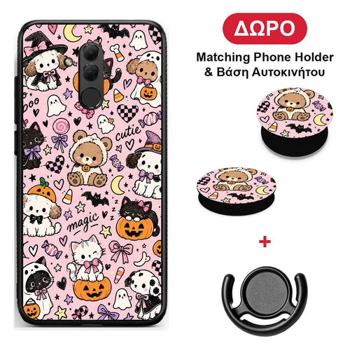 Halloween Cute Animals on Pink - Huawei Mate 20 Lite θήκη + Δώρο Phone Holder & Βάση Αυτοκινήτου