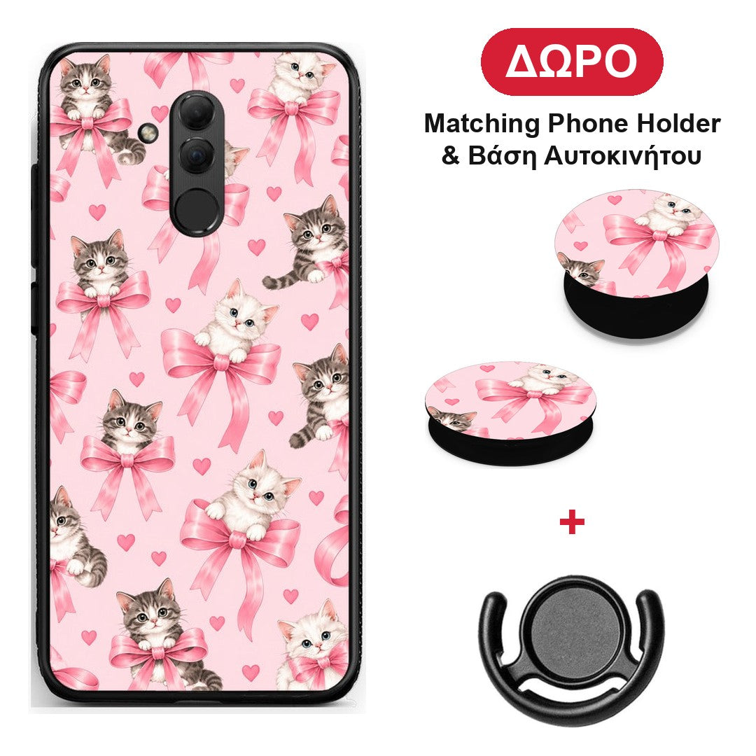 Kittens and Pink Bows on Pink - Huawei Mate 20 Lite θήκη + Δώρο Phone Holder & Βάση Αυτοκινήτου