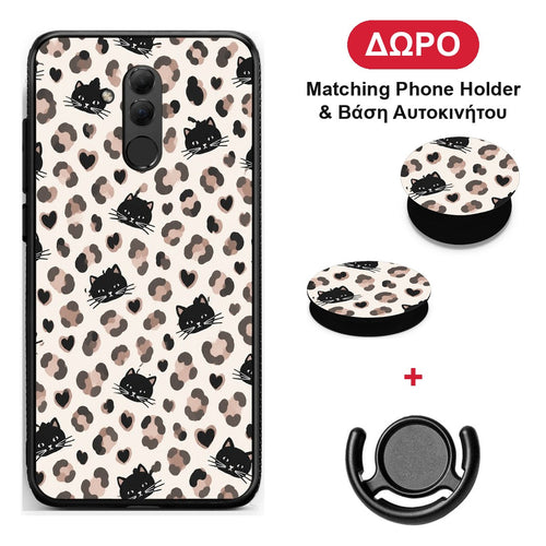 Leopard Spots and Black Cats on Cream - Huawei Mate 20 Lite θήκη + Δώρο Phone Holder & Βάση Αυτοκινήτου