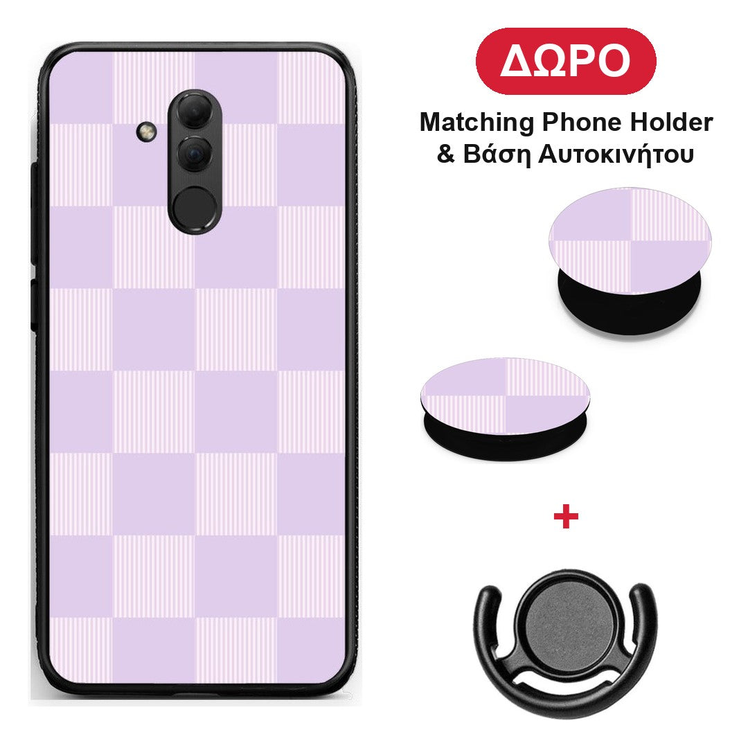 Lilac and Cream Striped Checks - Huawei Mate 20 Lite θήκη + Δώρο Phone Holder & Βάση Αυτοκινήτου