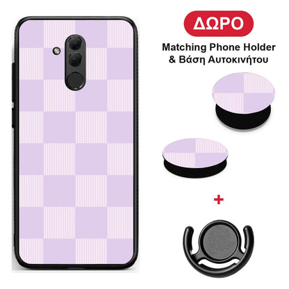 Lilac and Cream Striped Checks - Huawei Mate 20 Lite θήκη + Δώρο Phone Holder & Βάση Αυτοκινήτου