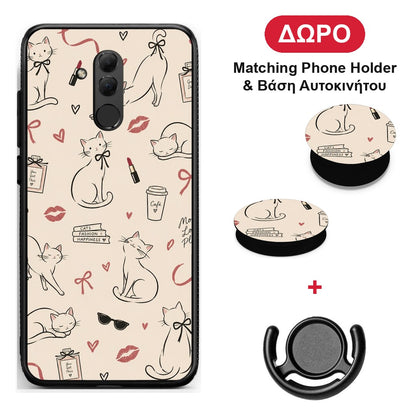 Minimal Cat and Fashion Doodles on Cream - Huawei Mate 20 Lite θήκη + Δώρο Phone Holder & Βάση Αυτοκινήτου