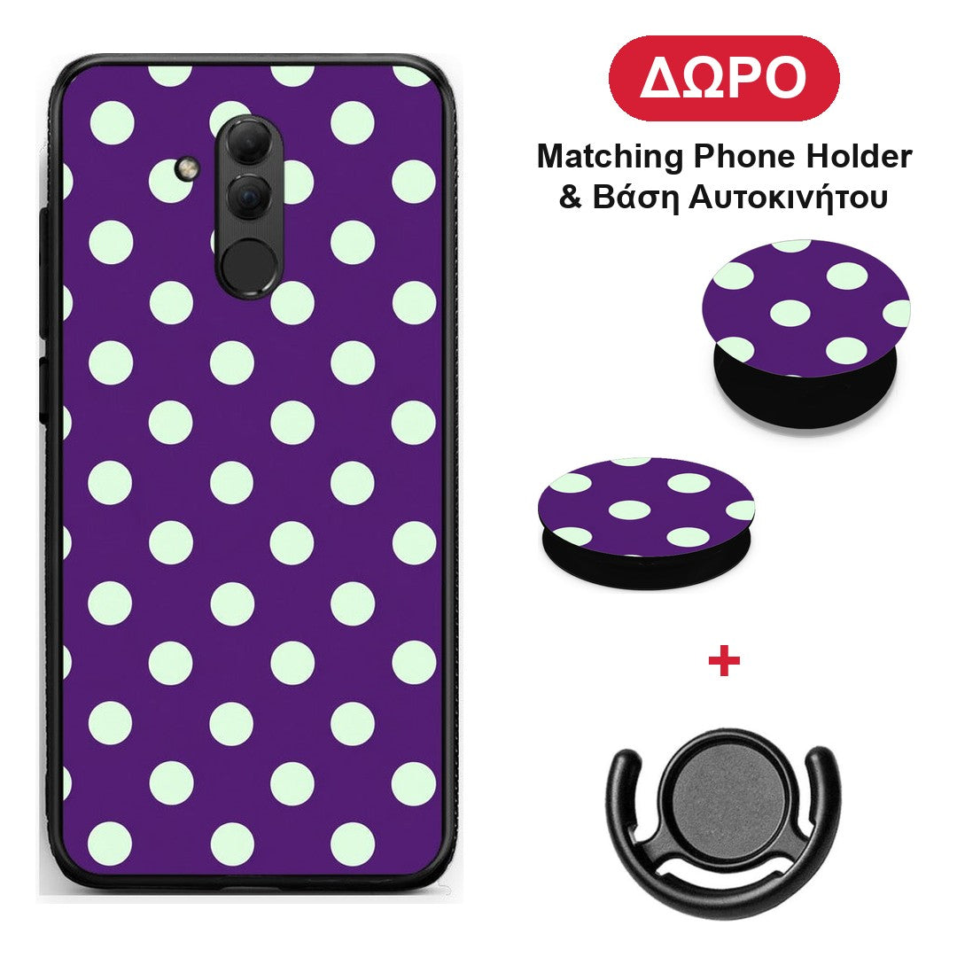 Mint Polka Dots on Purple - Huawei Mate 20 Lite θήκη + Δώρο Phone Holder & Βάση Αυτοκινήτου