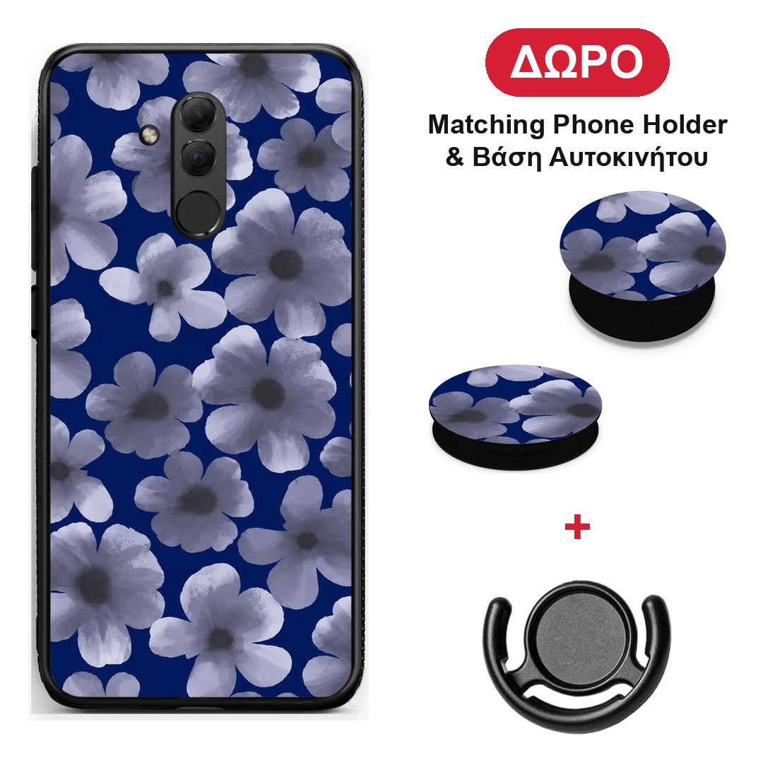 Pale Blue Flowers on Navy - Huawei Mate 20 Lite θήκη + Δώρο Phone Holder & Βάση Αυτοκινήτου
