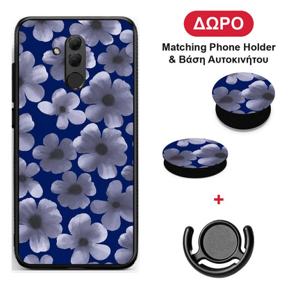 Pale Blue Flowers on Navy - Huawei Mate 20 Lite θήκη + Δώρο Phone Holder & Βάση Αυτοκινήτου