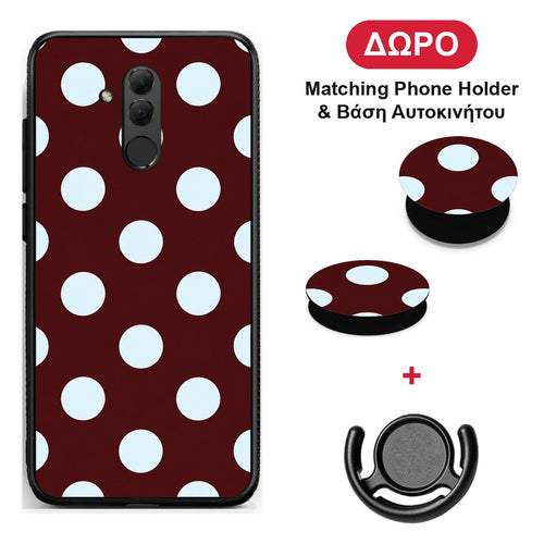 Pale Blue Large Polka Dots on Burgundy - Huawei Mate 20 Lite θήκη + Δώρο Phone Holder & Βάση Αυτοκινήτου