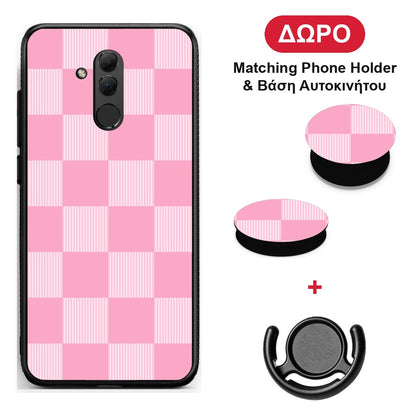 Pink and White Striped Checks - Huawei Mate 20 Lite θήκη + Δώρο Phone Holder & Βάση Αυτοκινήτου