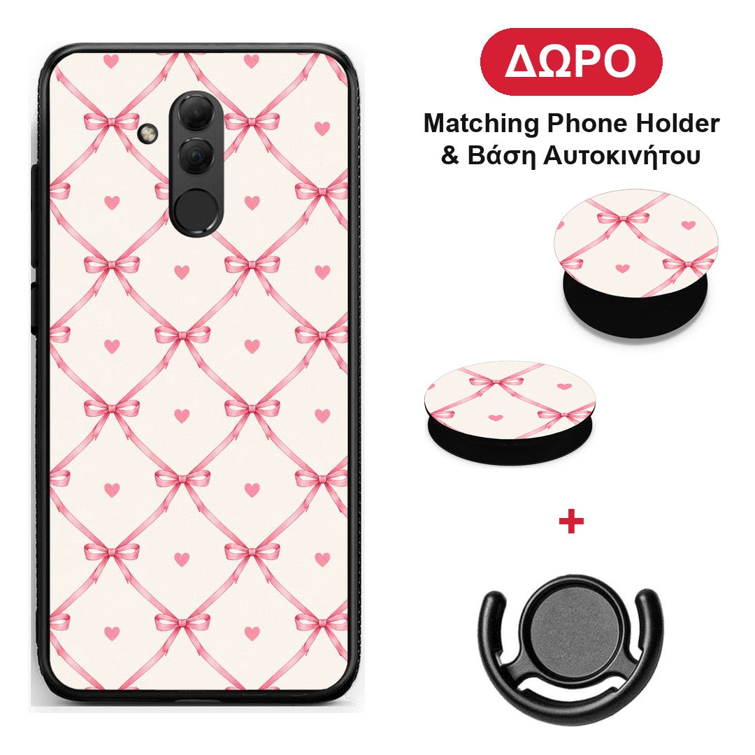 Pink Bow Lattice and Hearts on Cream - Huawei Mate 20 Lite θήκη + Δώρο Phone Holder & Βάση Αυτοκινήτου
