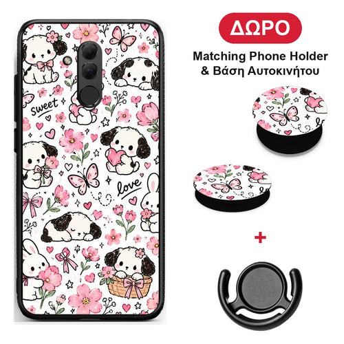 Pink Florals Puppies and Bunnies on White - Huawei Mate 20 Lite θήκη + Δώρο Phone Holder & Βάση Αυτοκινήτου