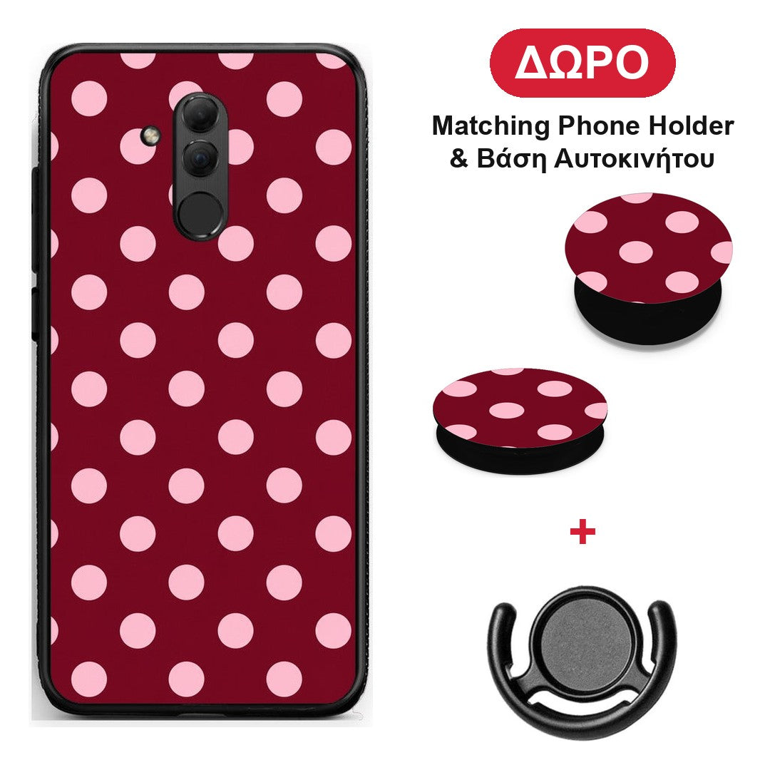 Pink Polka Dots on Burgundy - Huawei Mate 20 Lite θήκη + Δώρο Phone Holder & Βάση Αυτοκινήτου