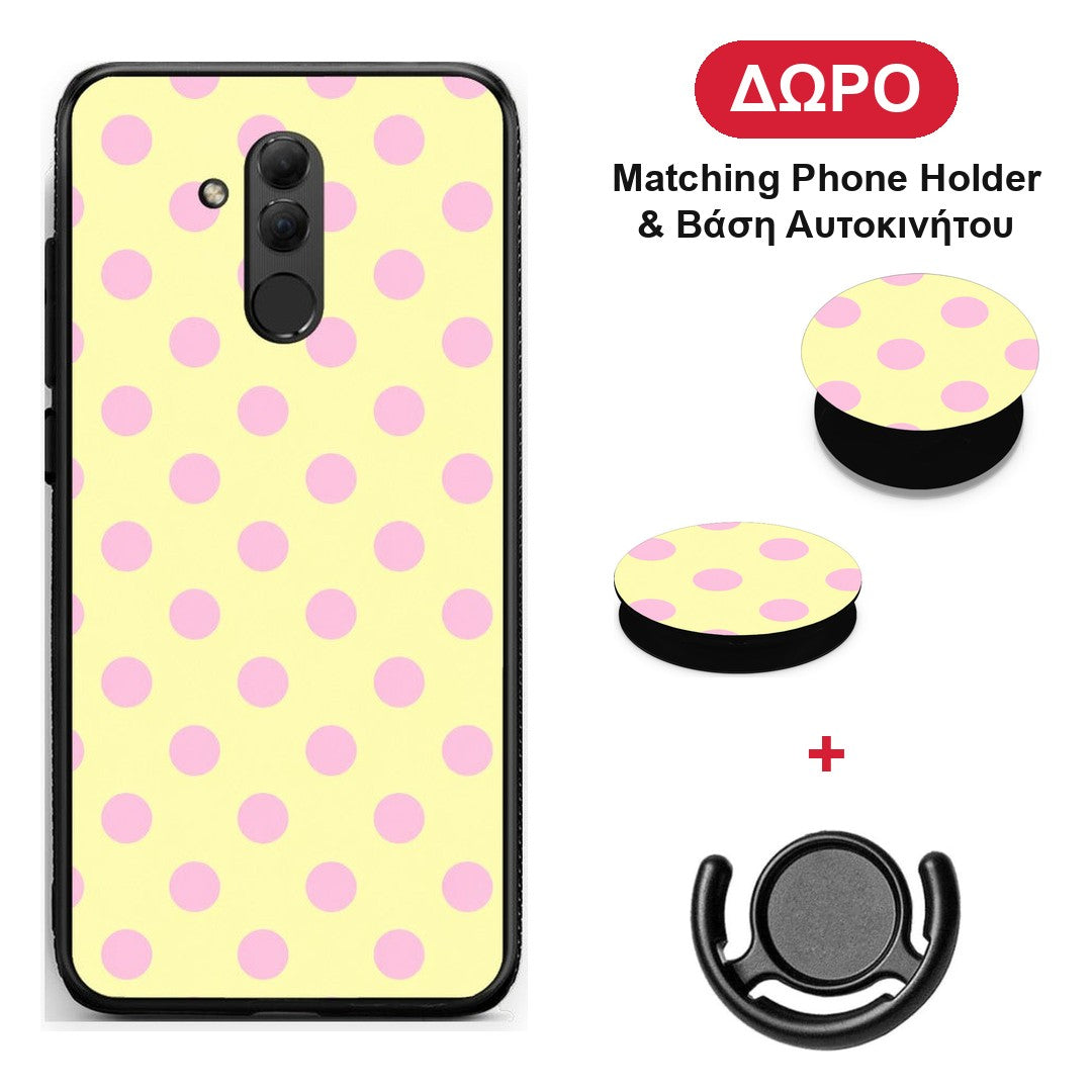 Pink Polka Dots on Yellow - Huawei Mate 20 Lite θήκη + Δώρο Phone Holder & Βάση Αυτοκινήτου
