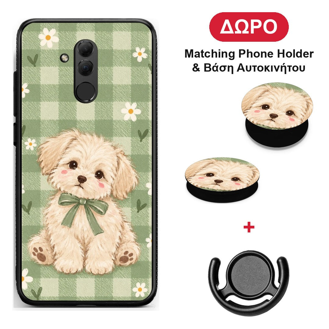 Puppy and Daisies on Sage Gingham - Huawei Mate 20 Lite θήκη + Δώρο Phone Holder & Βάση Αυτοκινήτου