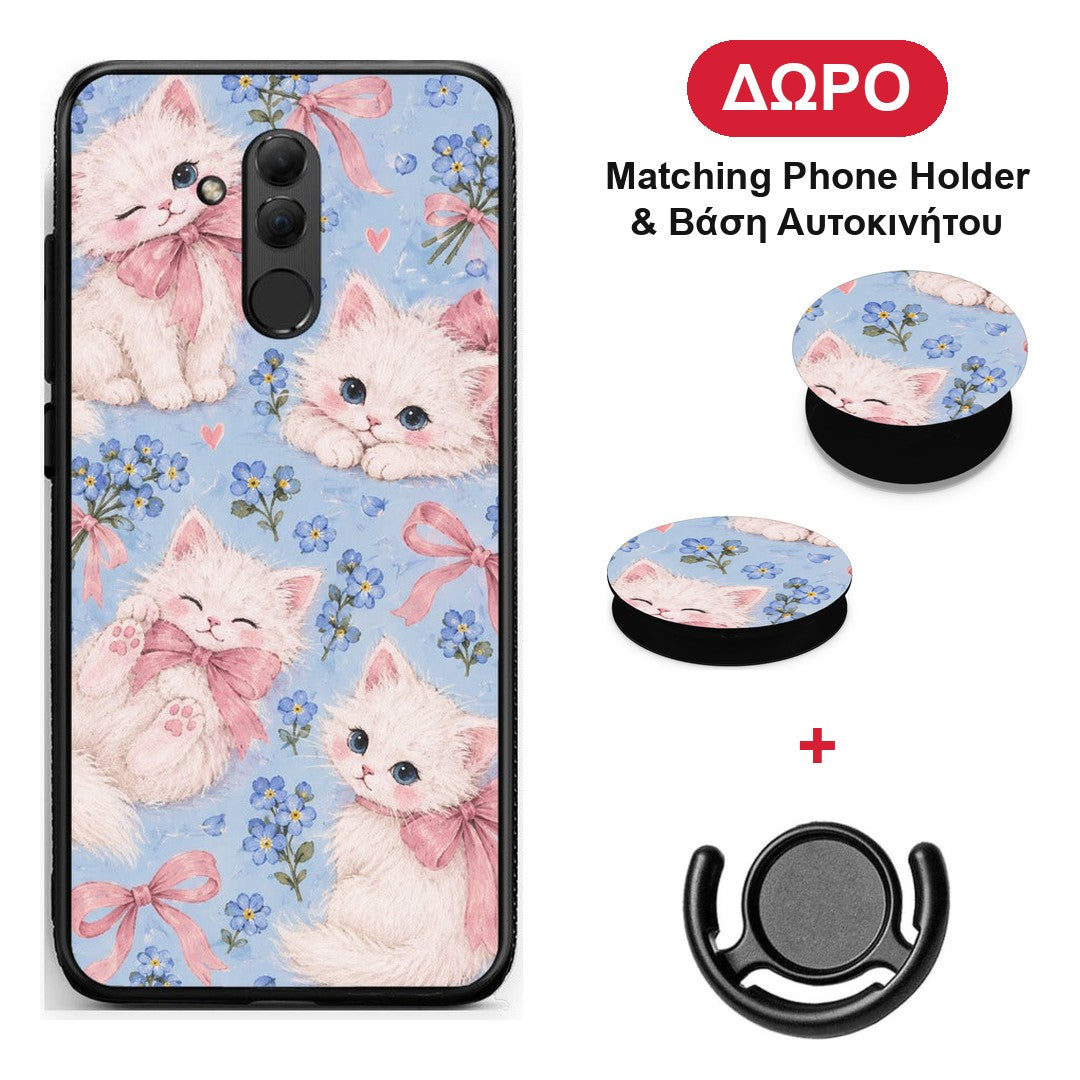White Kittens and Blue Flowers Large - Huawei Mate 20 Lite θήκη + Δώρο Phone Holder & Βάση Αυτοκινήτου