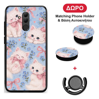 White Kittens and Blue Flowers Large - Huawei Mate 20 Lite θήκη + Δώρο Phone Holder & Βάση Αυτοκινήτου