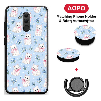 White Kittens and Blue Flowers Small - Huawei Mate 20 Lite θήκη + Δώρο Phone Holder & Βάση Αυτοκινήτου