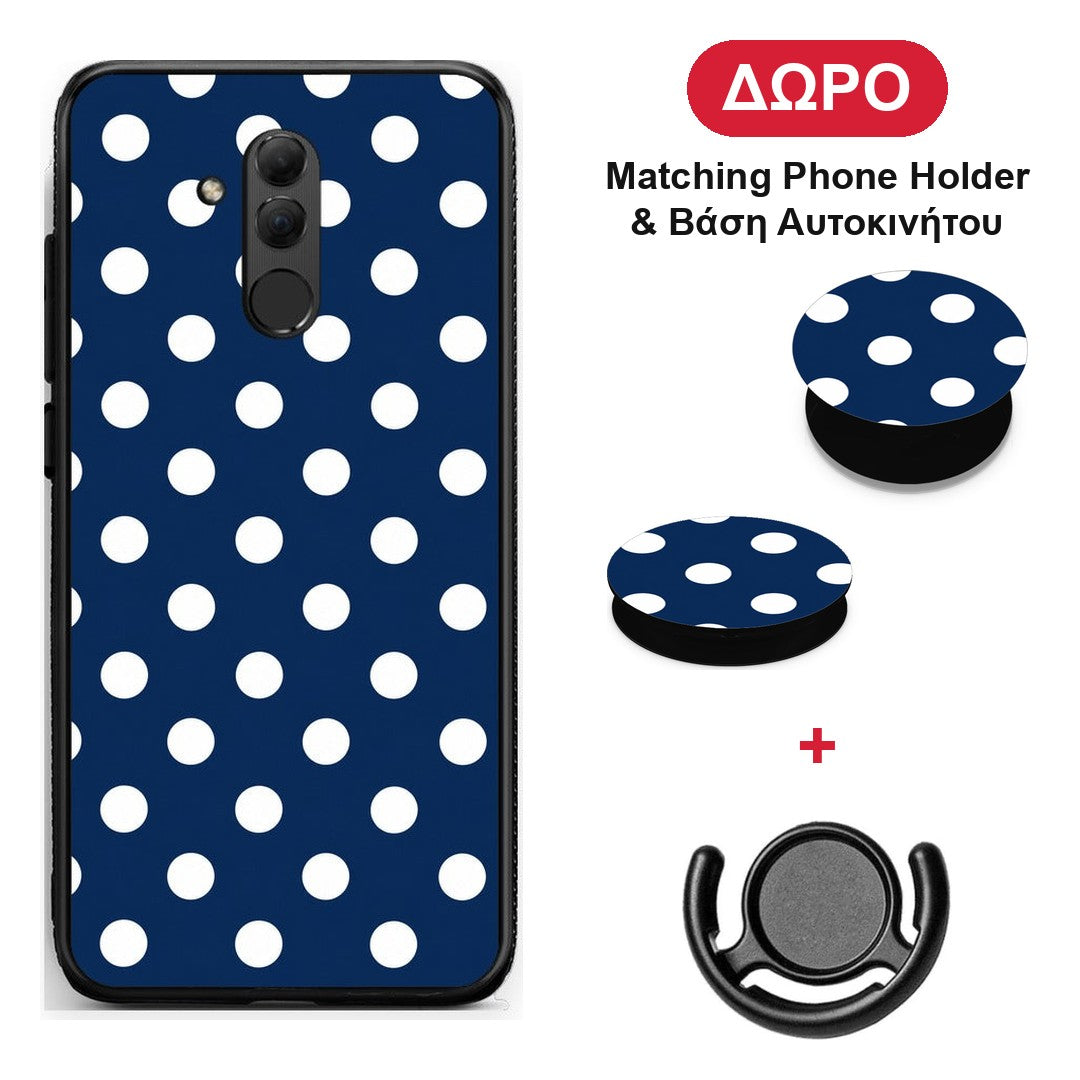 White Large Polka Dots on Navy - Huawei Mate 20 Lite θήκη + Δώρο Phone Holder & Βάση Αυτοκινήτου