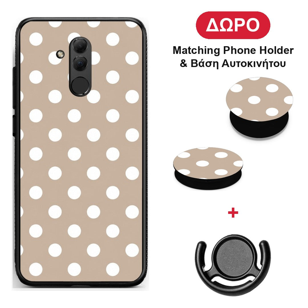 White Polka Dots on Taupe - Huawei Mate 20 Lite θήκη + Δώρο Phone Holder & Βάση Αυτοκινήτου