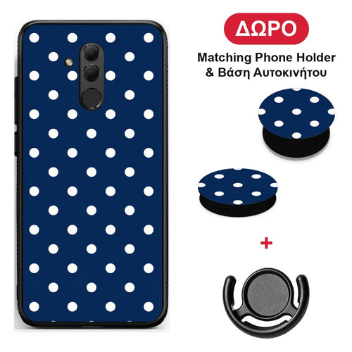 White Small Polka Dots on Navy - Huawei Mate 20 Lite θήκη + Δώρο Phone Holder & Βάση Αυτοκινήτου