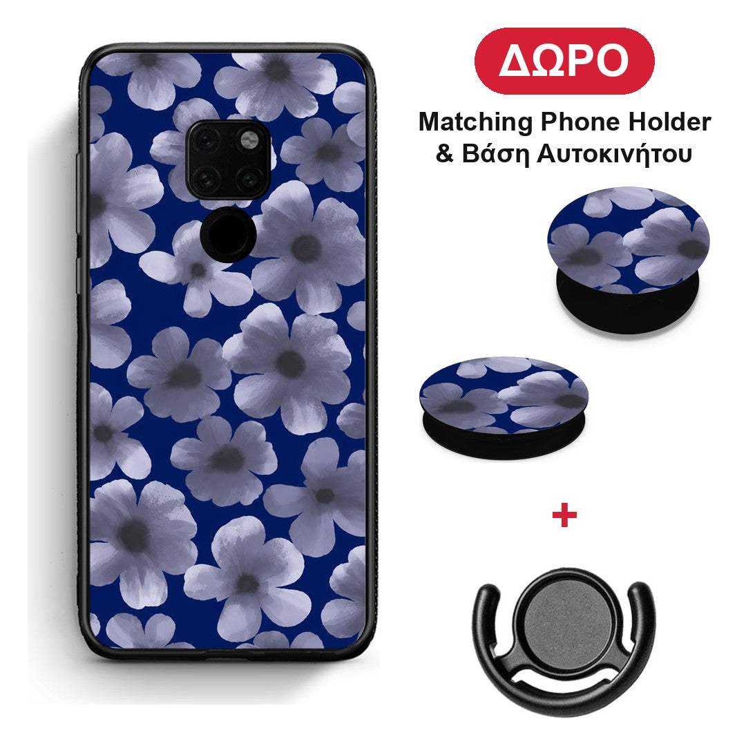 Pale Blue Flowers on Navy - Huawei Mate 20 θήκη + Δώρο Phone Holder & Βάση Αυτοκινήτου