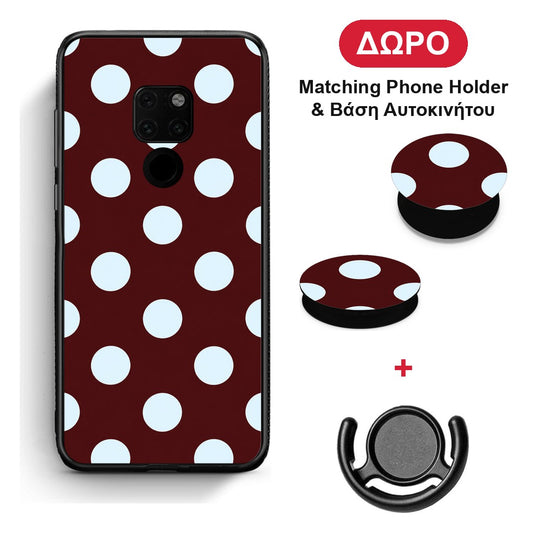Pale Blue Large Polka Dots on Burgundy - Huawei Mate 20 θήκη + Δώρο Phone Holder & Βάση Αυτοκινήτου